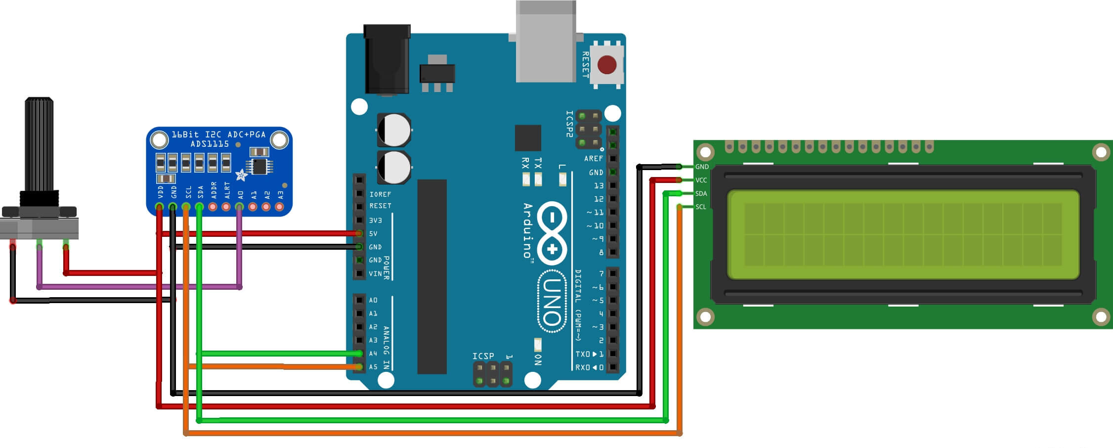 ADS1115 ADC On 16x2 I2C Display with arduino